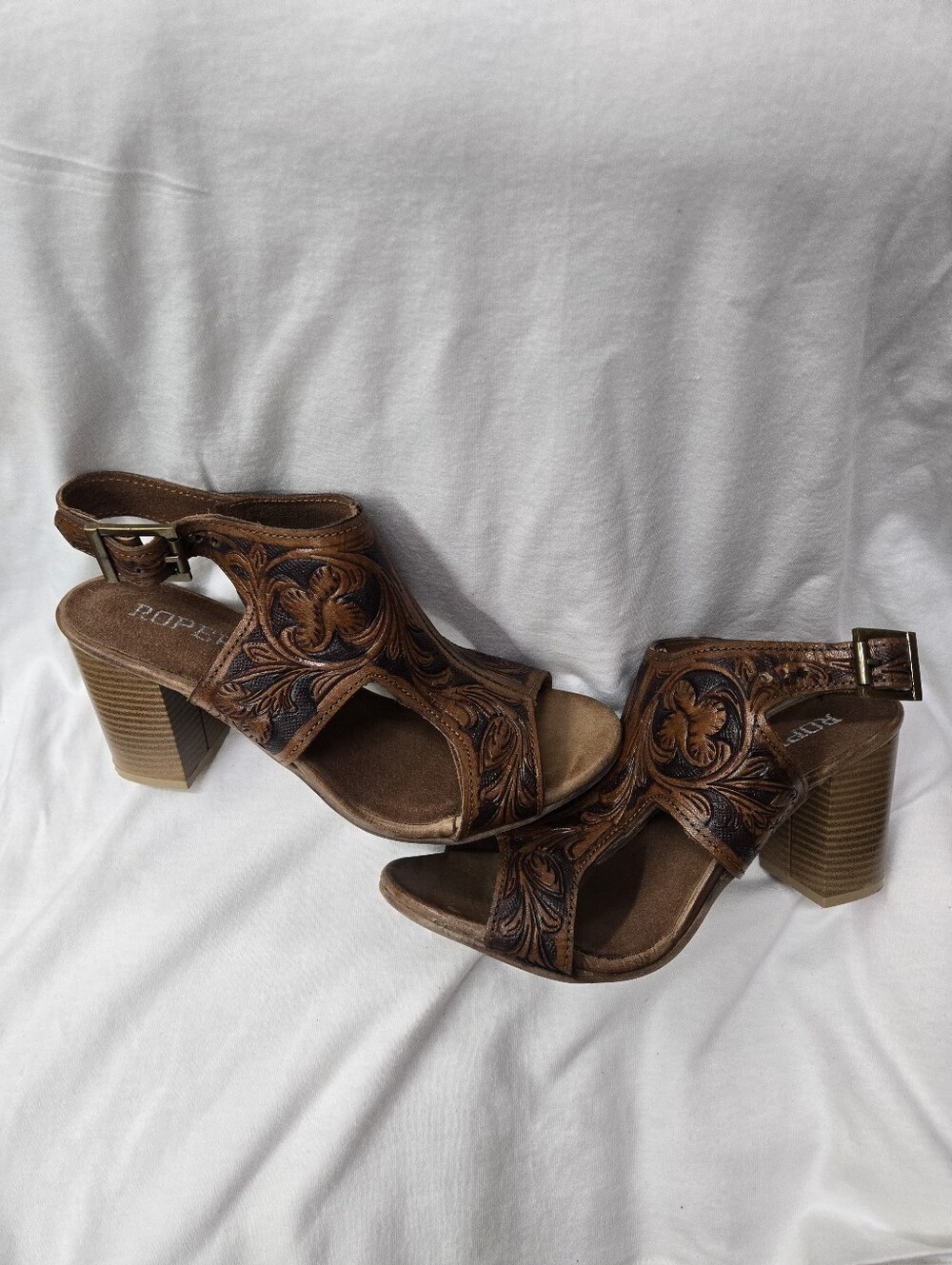 Roper Brown Tooled Leather Open-Toe Block Heel Sandal - Picture 4 of 11